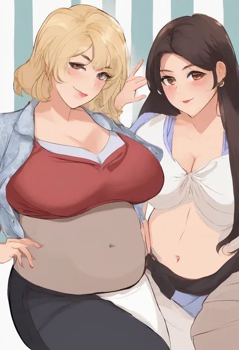 Duo, Teacher, Student, lesbian, Fat belly, massive belly, passionate, bursting clothes, popular, blonde, black hair, forcefeeding, belly hang, kissing, belly play,