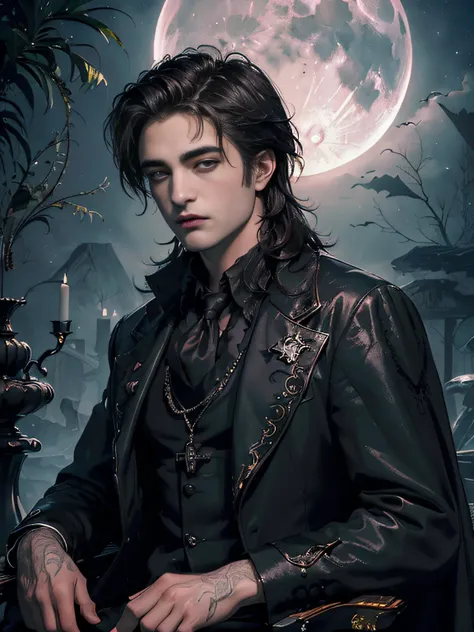 (masterpiece、top-quality、top-quality、Detailed and complex、official art、aesthetically pleasing:1.3)、(1 dark haired male vampire with fangs in:1.3)、(Robert Pattinson look) (revealing fangs) (realistic art:1.3)、black suit, white and black accessories, gothic ...