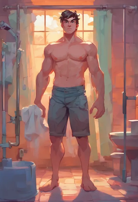 sketch, 20 yo male figure study, young muscle-bound jock, standing, full stocky body, completely naked, private parts showing, totally , , sans clothing, au natural, covering crotch with a white towel, bare butt, crowded gym shower with spraying showers an...