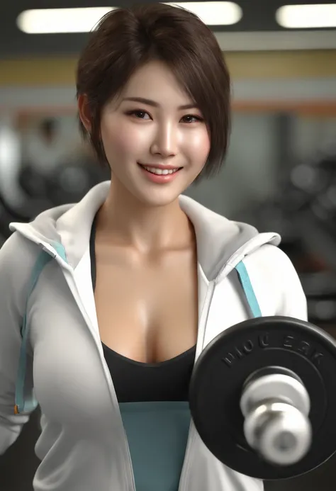 Best Quality, high resolution, Photo Shot, (Photorealistic:1.4), 1 Japanese girl in, Smile, sweaty, wet hair, big breasts, wet breasts,
 At the gym, Wear gym clothes, Looking at Viewer, (((Tall pretty woman))), ((short hair)), Full body, Detailed eyes, Det...