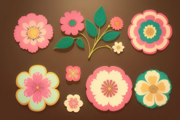 Aesthetic flowers, retro design pattern, multicolored, ((simple)), ((flowers do not protrude from the edges)).