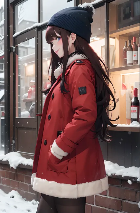 woman in a red toggle coat side view, long wavy brown hair, straight cut bangs, blush, red winter hat, black pantyhose, black loafers, wide shot, pitch black and snowing, tall, ((head turned slightly to look at viewer, with a smile), ((pretty dark blue eye...