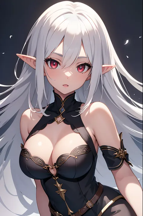 1girl, anime, cute girl, elf, blank background, white background, fantasy, detailed dark fantasy dress with highlights, beautiful face, beautiful eyes, dark colors, medium breasts, slight cleavage, beautiful skin, cute, silver hair, red eyes, breast curtai...