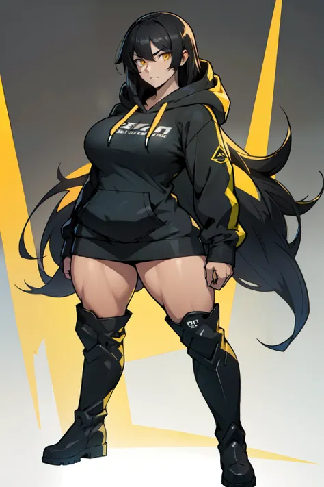 1girl ((muscular large breasts thick thighs)) pale skin black hair very long hair yellow eyes ((over-sized hoodie over-sized boots)) standing full body