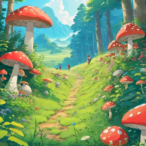 The meadow is covered with mushrooms