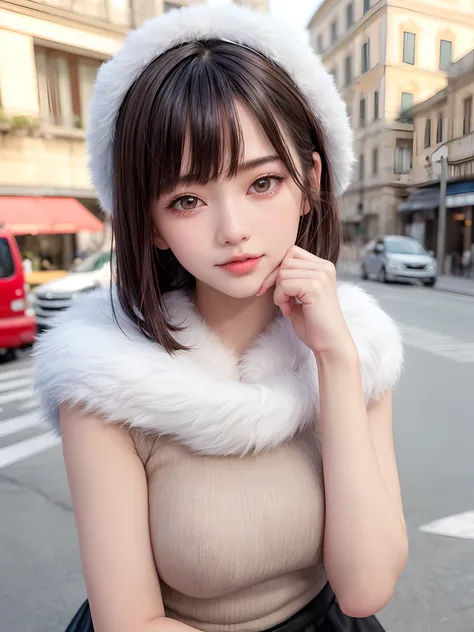 (​masterpiece, top-quality、Very attractive adult beauty、Add intense highlights to the eyes、Look firmly at the camera),1girl in, 独奏, A dark-haired, scarf, Hats,, realisitic, looking at the viewers, black eyes of light color, shorth hair, coat, Winter clothe...