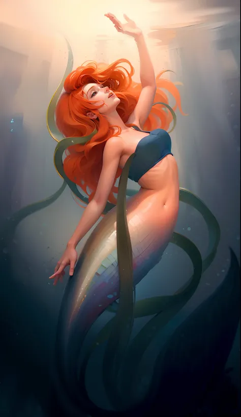 seria, seria de cabelos longos, At the bottom of the sea under the water comes regular red hair, Hair flying through the water, Cabelo Flutuante, sereia de cauda cinzenta, Scales, sereia, realista, e realista, imagem de alta qualidade