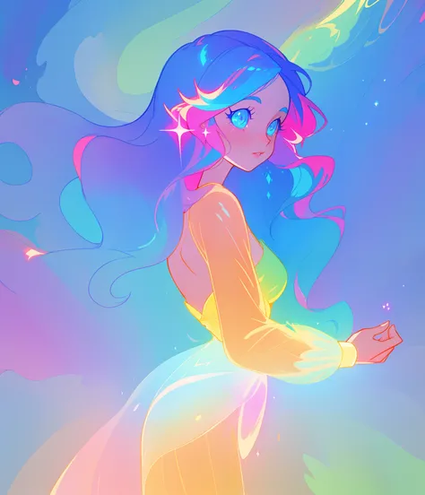 beautiful anime girl in colorful multi-layered ballgown, vibrant pastel colors, (colorful), magical lights, sparkling liquid light, colorful wavy hair, inspired by Glen Keane, inspired by Lois van Baarle, disney art style, by Lois van Baarle, glowing aura ...