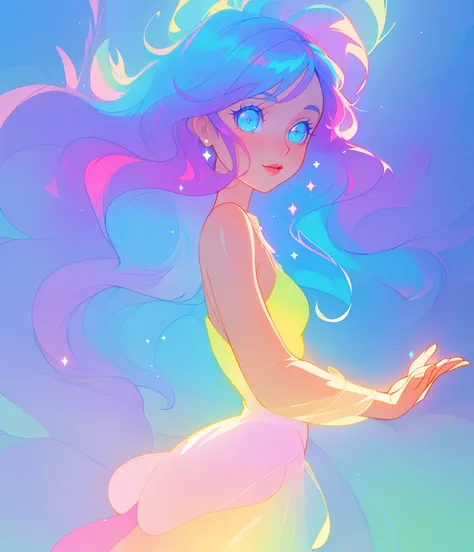 beautiful anime girl in colorful multi-layered ballgown, vibrant pastel colors, (colorful), magical lights, sparkling liquid light, colorful wavy hair, inspired by Glen Keane, inspired by Lois van Baarle, disney art style, by Lois van Baarle, glowing aura ...