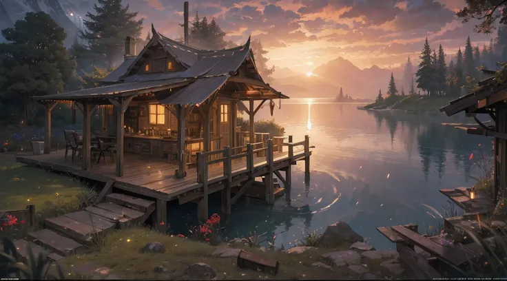 (by Greg Rutkowski: 1.2), (masterpiece), (best quality), extremely delicate and beautiful, illustration, (fantasy landscape), A mesmerizing fantasy landscape with enchanting elements blending seamlessly. (humble hut near a lake), Providing a distant view t...