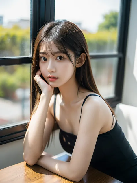 Photo of Rigahyun Korean woman sitting at table with sunshine in coffee window,Black-black hair, Dynamic Pose, Skin Texture, pale skin, Shiny skin, (slim, Petite:1.2), [:(sharp focus on face, Detailed face, Perfect eyes, Looking at Viewer:1.2):0.2], Photor...