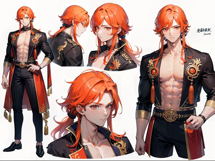 ((Masterpiece, Highest quality)), Detailed face, character design sheet，full body esbian, Full of details, frontal body view, back body view, Highly detailed, Depth, Many parts, Muscle boy with long orange hair，handsome man,  Traditional chinese clothes, G...