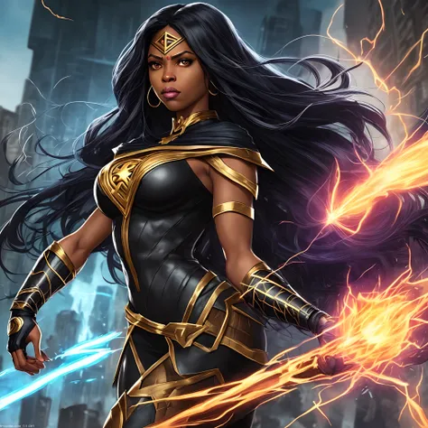 Generate a Marvel-style comic image of a powerful black superheroine with Latinx heritage. The heroine should have a distinctive costume and showcase her sorceress powers in an epic battle scene against a villain in an urban setting