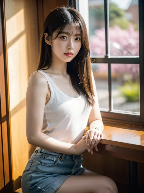 Photo of Rigahyun Korean woman sitting at table with sunshine in coffee window,Black-black hair, Dynamic Pose, Skin Texture, pale skin, Shiny skin, (slim, Petite:1.2), [:(sharp focus on face, Detailed face, Perfect eyes, Looking at Viewer:1.2):0.2], Photor...