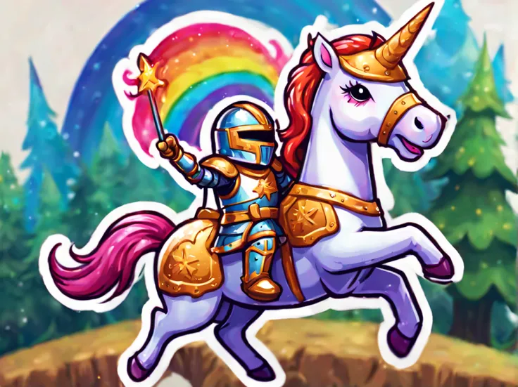 (colorful cartoon sticker), brave gingerbread man (wearing epic knight armor), (riding) a rearing unicorn (wearing shiny amulet)...