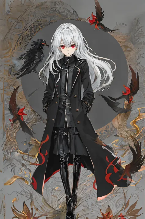 Black Phoenix，Anime shoujo，（（（solo person））），Skinny gel coat，Long black trench coat，Messy white hair，with a red eyes，Slightly helpless，amaryllis