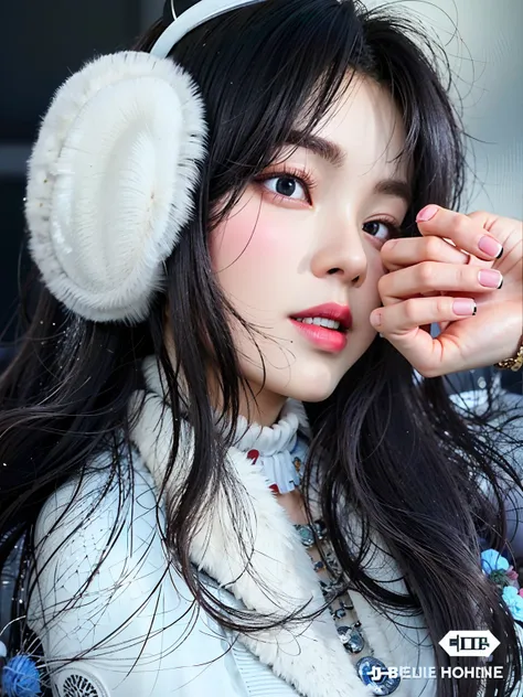 Mujer arafed con un abrigo de piel blanco y orejeras, ulzzang, pale snow white skin, Wan adorable cara coreana, Hermosa mujer surcoreana, con pelaje blanco y esponjoso, Jinyoung Shin, Chica coreana, Heonhwa Choe, flequillo esponjoso, maquillaje popular de ...