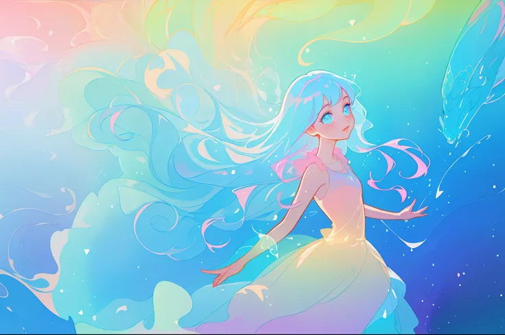 beautiful anime girl in colorful multi-layered ballgown, flowing liquid lines of light, magical water, vibrant pastel colors, (colorful), magical lights, sparkling lines of light, inspired by Glen Keane, inspired by Lois van Baarle, disney art style, by Lo...