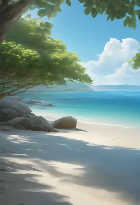 landscape, Summer, Blue sky, Okinawa, Private beach, cove, Sea, unmanned, beach, No Man, Hot weather, Sun, high definition detail, Ultra detail, film, hyper photorealism, Soft light, Deep focus bokeh, Ray tracing, Gwise on Art Station Pixiv, Makoto Shinkai...