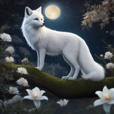 K HD，Mythical spirit beasts，Silver Fox，Giant tailed fox，White Fleur，Looking at the Moon、米の穂🌾の間から