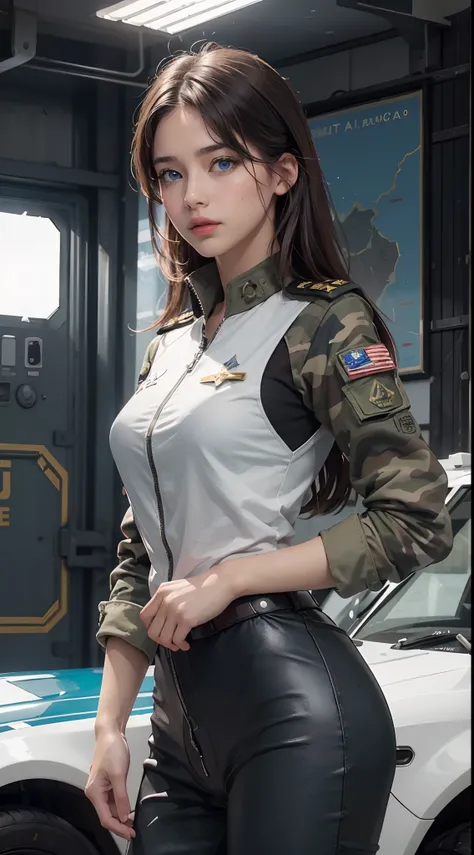 (8k,1080p,textura realista de la piel,realista,Obra maestra, La mejor calidad,high resolusion,HDR:1.5),,Araffes in military uniform standing in front of a fighter jet, Chica piloto, Compostura militar perfecta, linda chica piloto, Latex Pilot Suit, Vestime...