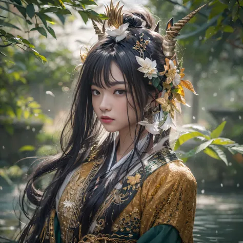 32K（tmasterpiece，k hd，hyper HD，16k）Flowing short hair，Backroom pond，zydink， a color，  Asian people （A unicorn）， （Silk scarf）， Combat posture， looking at viewert， Glossy black floating hair， Hanfu， Chinese clothes， longer sleeves， （abstract ink splash：1.2），...