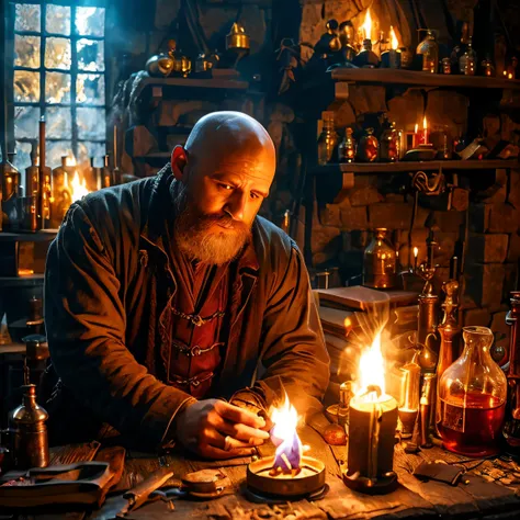 arafed bald man sitting at a table with a candle in front of him, medieval alchemist in the dark, he is in a alchemist lab, an alchemist, spell casting wizard, thick leather-bound books piled, alchemy laboratory, flasks, bulbous beakers, fantasy alchemist ...