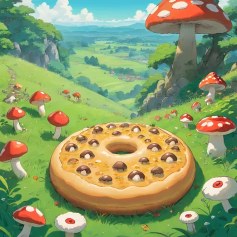 The flat green meadows are covered with mushrooms，Some mushrooms have donuts on them，Some have cookies，Some have seven-star ladybugs，Some have caterpillars