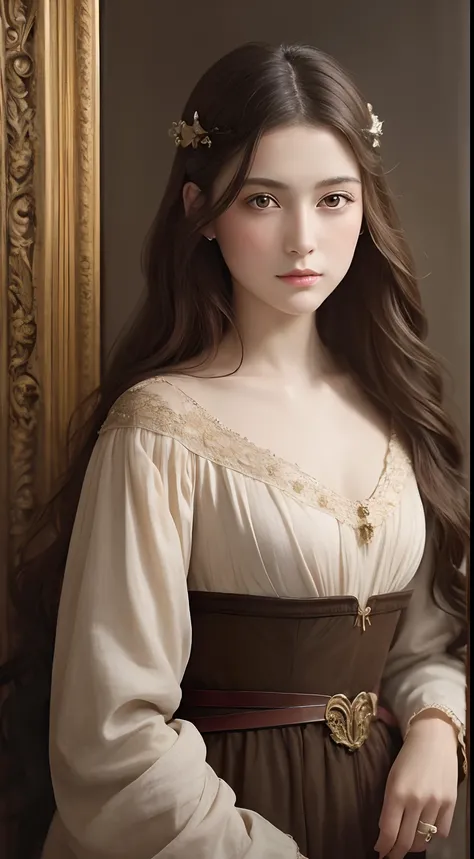 Medieval European painting、Women of the Belle Époque、1girl in、A beautiful teenage girl with、very small chest、Short wavy brown hair、portraitures、an oil painting、Modern and realistic proportions、Intricate and intricate details、foco nítido