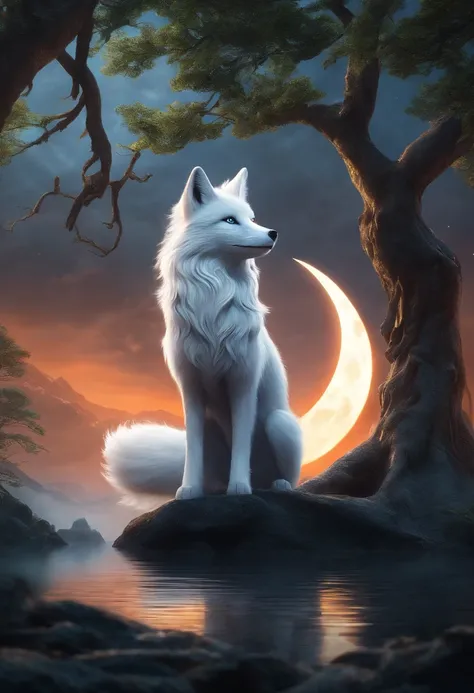 Full-HD, Mythical spirit beasts，Silver fox，Giant nine-tailed fox，Moon and rice in the background