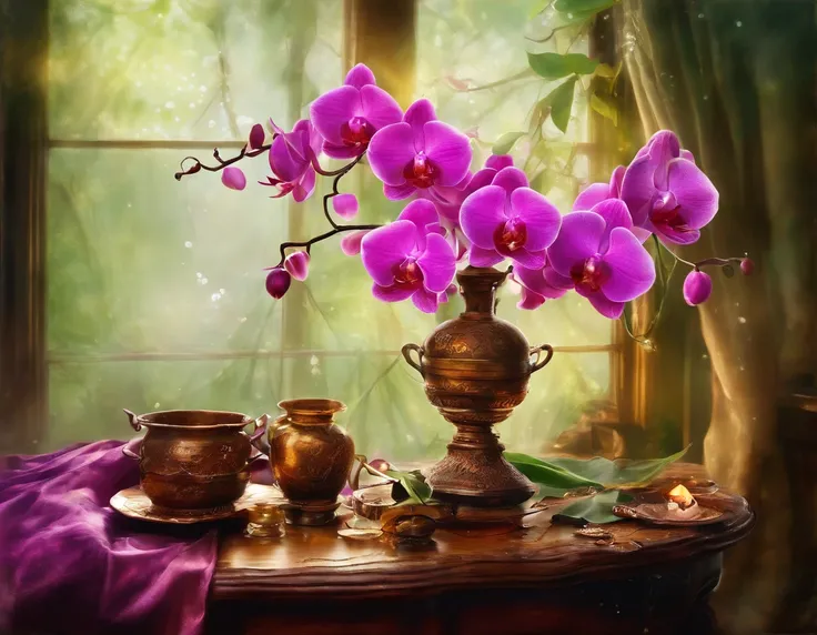 Lovely orchid flowers over a antique wood table a glass of water oil lamp dryed leaves of tree