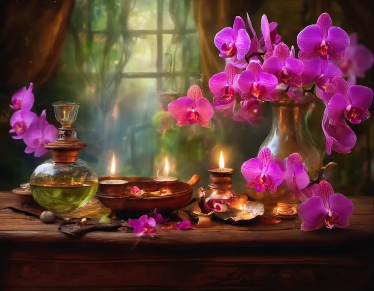 Lovely orchid flowers over a antique wood table a glass of water oil lamp dryed leaves of tree