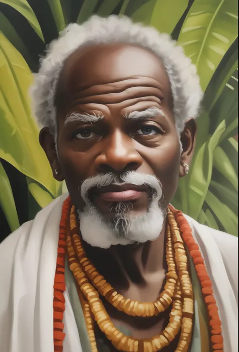 Imagem 16k, Extremely perfect cinematic, hiperrealista de um homem com barba e colar de contas, Homem africano, retrato impressionante, retrato detalhado, retrato. High detail, retrato altamente detalhado, Pintura de Norman Mingo, retrato colorido detalhad...