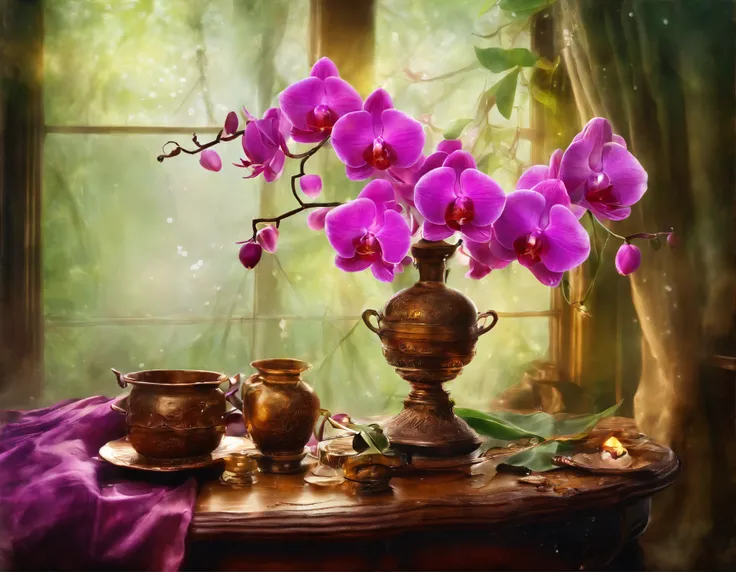 Lovely orchid flowers over a antique wood table a glass of water oil lamp dryed leaves of tree