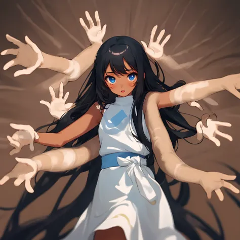 girl with long black hair tan skin blue eyes and multiple arms