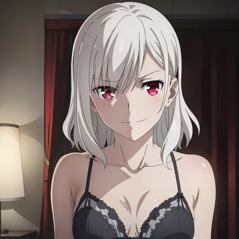 1girl,medium breasts,hotel room,(8k),scratches,detailed face,white hair,red eyes,medium hair,embarassed,small smile face,high_res, high_definition,sexy pose,black sexy lingerie,