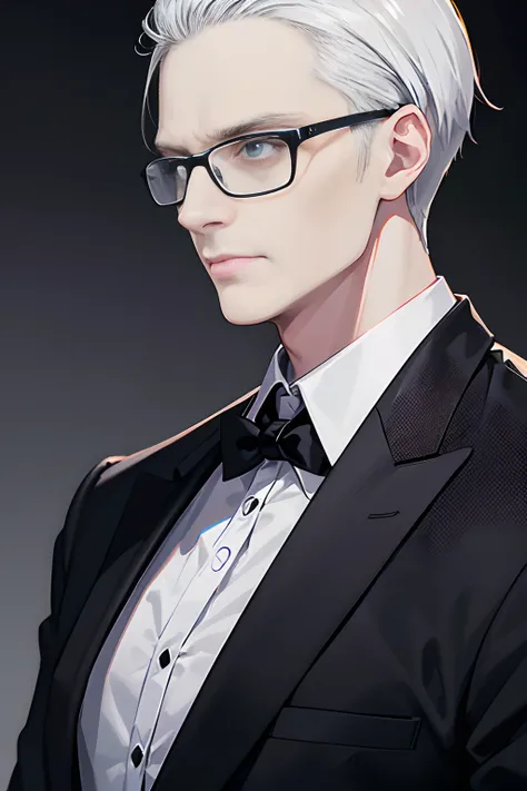 decimal (Death Parade), 1 man, 35yo,(Black bristles), Man wearing glasses, close-up face, Profile picture,Formal and restrained attire, black black jacket,White shirt, professional look,whaite hair, Silver color, Tired look,