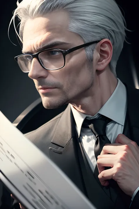 decimal (Death Parade), 1 man, 35yo,(Black bristles), Man wearing glasses, close-up face, Profile picture,Formal and restrained attire, black black jacket,White shirt, Professional look,White gray hair, Silver color, Tired look,