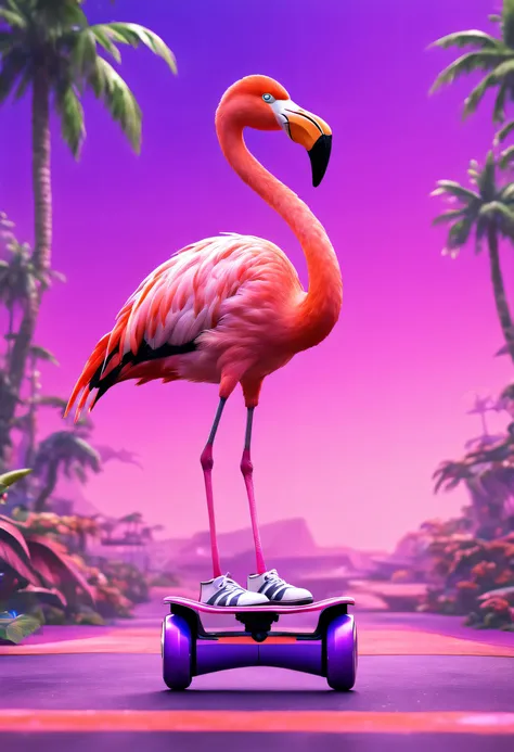 traditional media, color lead, flamingo, on a hoverboard, pink purple sonic video game background,