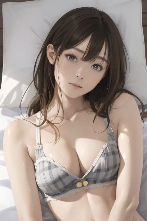 The upper part of the body、an oil painting、​masterpiece、top-quality、hight resolution、Yellow medium hair、Sleeping in bed、Naughty look、White and grey plaid bra、Button is disconnected、White and gray plaid panties、Bending legs、Female face、Hot face、A slightly t...