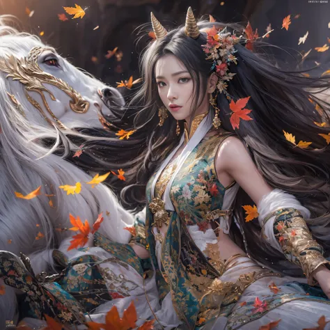 32KNSFW（tmasterpiece，k hd，hyper HD，16k）Flowing short hair，Backroom pond，zydink， a color，  Asian people （A unicorn）， （Silk scarf）， Combat posture， looking at viewert， Glossy black floating hair， Hanfu， Chinese clothes， longer sleeves， （abstract ink splash：1...