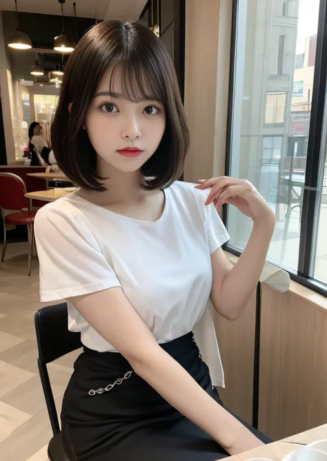 finely detail, hight resolution, hightquality、Perfect dynamic composition, Beautiful detailed eyes, Bob Layer Cut、Sit on a chair at the dining table facing the front、fashionable cafe、date、despise、Natural Color Lip, 25-years old、1 persons、Transparent skin、G...