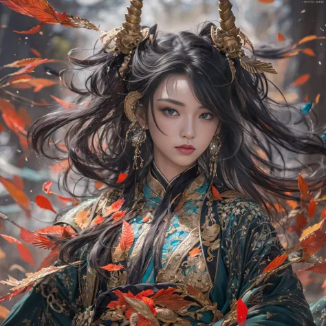 32KNSFW（tmasterpiece，k hd，hyper HD，16k）Flowing short hair，Backroom pond，zydink， a color，  Asian people （A unicorn）， （Silk scarf）， Combat posture， looking at viewert， Glossy black floating hair， Hanfu， Chinese clothes， longer sleeves， （abstract ink splash：1...