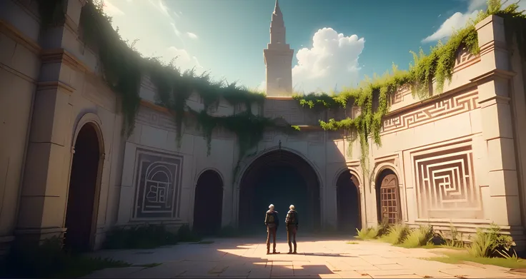 two people standing in front of a maze with a quote on it, maze, video game cutscene, entering the mind maze, maze-like, maze like, video game screenshot, 2020 video game screenshot, cutscene, movie screencap, video game screenshot>, cutscene footage, hedg...