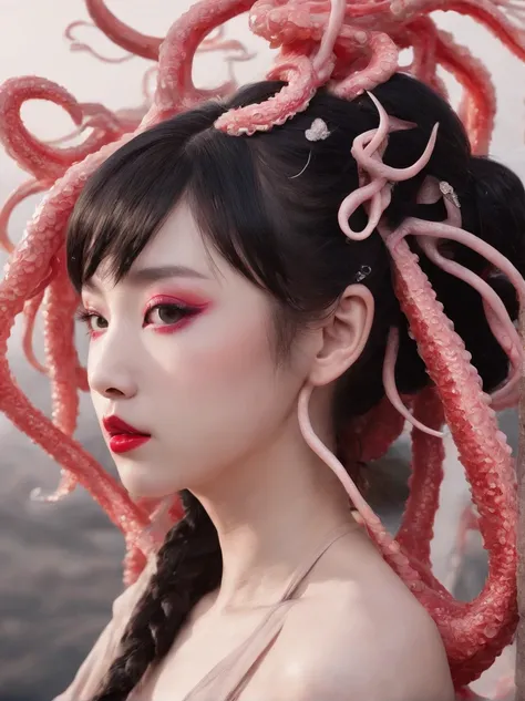 long straight black-haired, (young 19 yo teenage, chinese girl Du Juan), skinny, athletic, petite, ((full lips with red lipstick, pink geisha blush, style eyeliner mascara eye-shadow make-up)), sexy,  nude ((very large tentacles horns wrapping around her))...