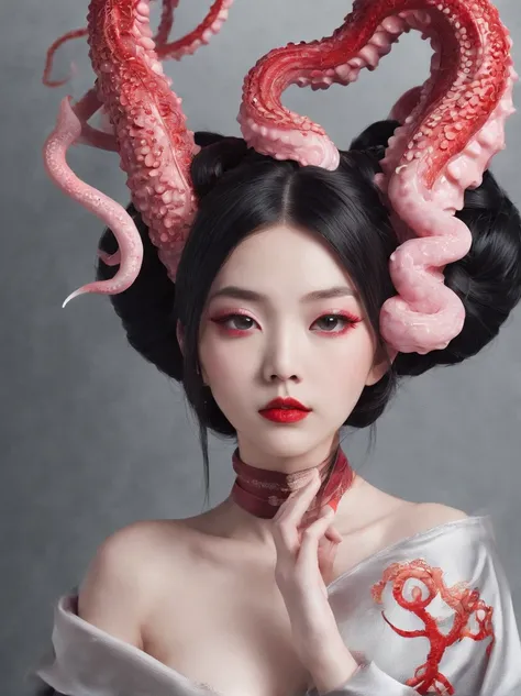 long straight black-haired, (young 19 yo teenage, chinese girl Du Juan), skinny, athletic, petite, ((full lips with red lipstick, pink geisha blush, style eyeliner mascara eye-shadow make-up)), sexy,  nude ((very large tentacles horns wrapping around her))...