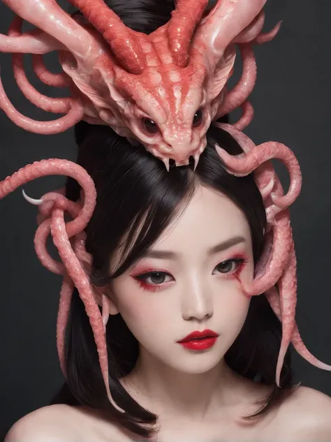 long straight black-haired, (young 19 yo teenage, chinese girl Du Juan), skinny, athletic, petite, ((full lips with red lipstick, pink geisha blush, style eyeliner mascara eye-shadow make-up)), sexy,  nude ((very large tentacles horns wrapping around her))...