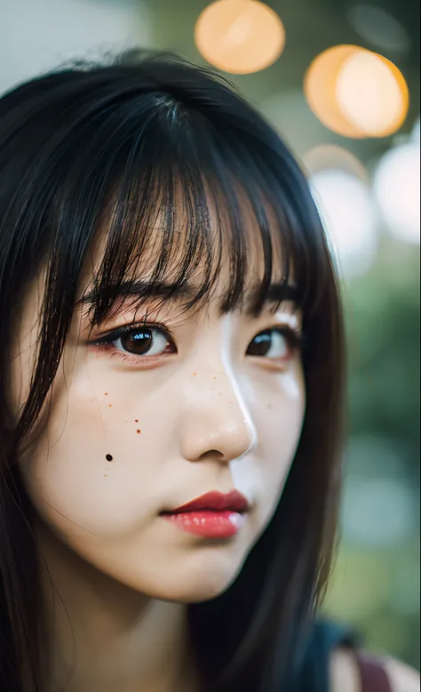 1girl, black_hair, blurry, blurry_background, blurry_foreground, brown_eyes, depth_of_field, eyelashes, lens_flare, lips, looking_at_viewer, mole, mole_under_eye, nose, realistic, solo