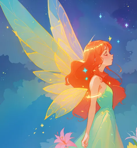 beautiful girl in flowing ballgown dress, (glowing fairy wings), glowing flowing ballgown, long wavy hair, sparkling fairy wings, watercolor illustration, flowers and colorful plants, inspired by Glen Keane, inspired by Lois van Baarle, disney art style, b...