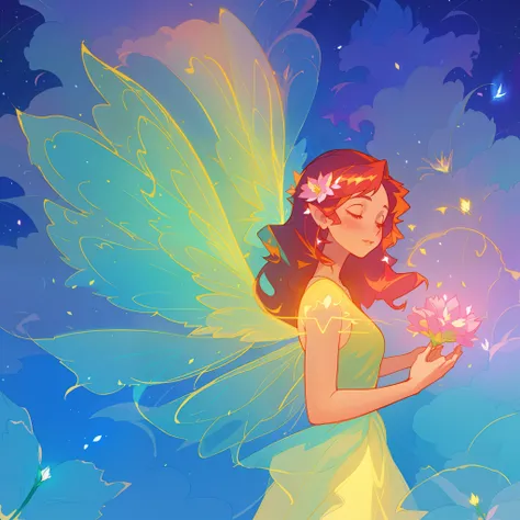 beautiful girl in flowing ballgown dress, (glowing fairy wings), glowing flowing ballgown, long wavy hair, sparkling fairy wings, watercolor illustration, flowers and colorful plants, inspired by Glen Keane, inspired by Lois van Baarle, disney art style, b...